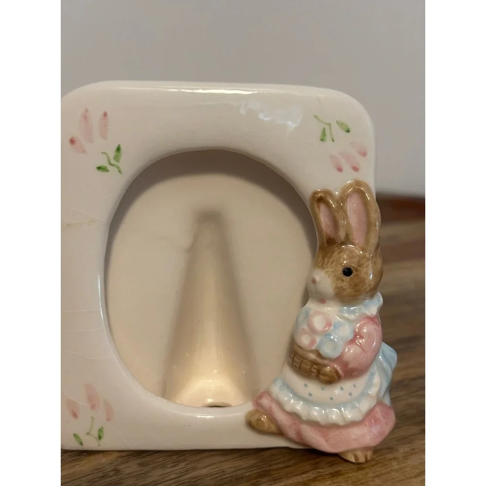 Vintage Ceramic Bunny Rabbit Picture Frame Nursery Decor Pink Blue 3D Relief